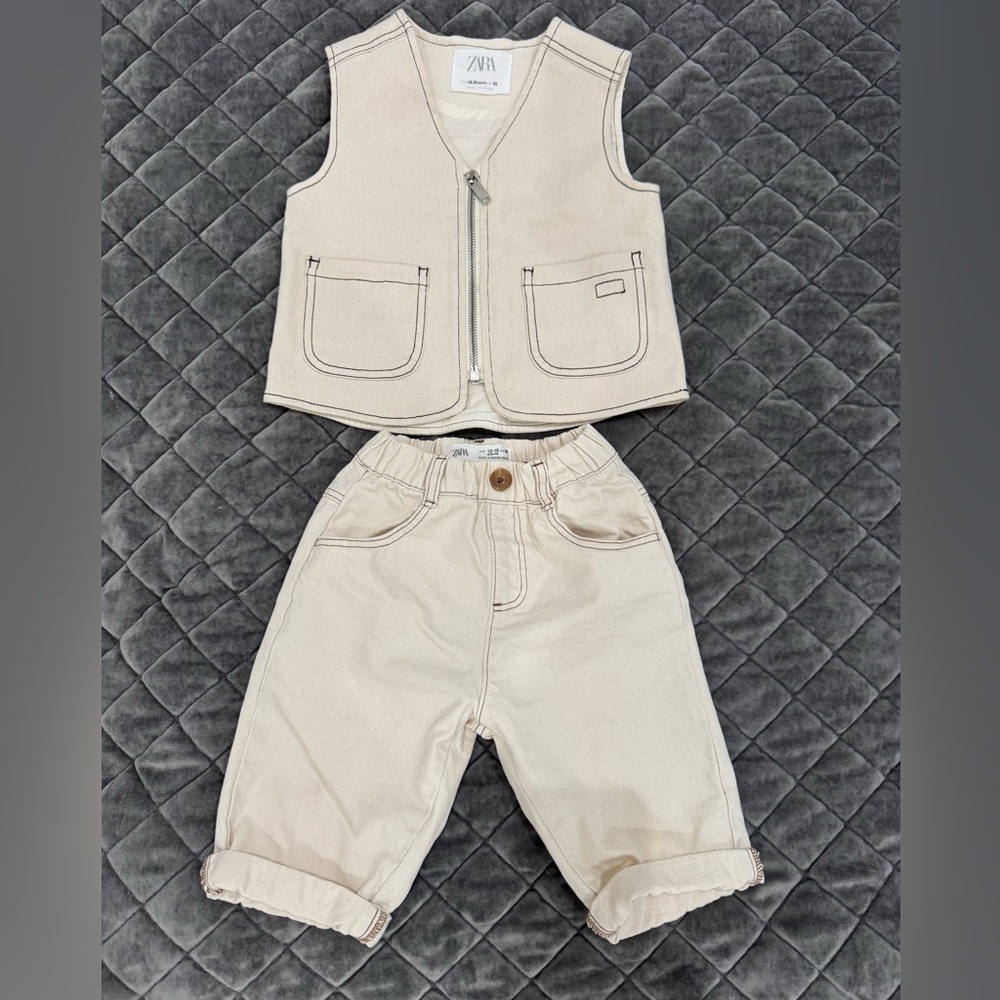 Zara Beige Denim Vest and Pants Set